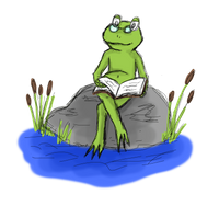 Zeichnung von einem Frosch, der ein Buch liest und währenddessen auf einem Stein im Teich sitzt